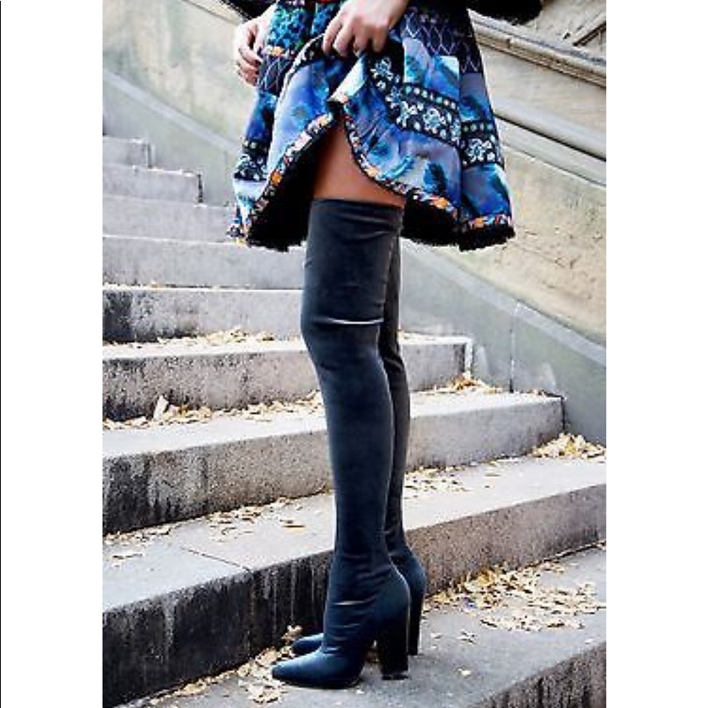 Zara Dark Blue Over The Knee Velvet Boots 5